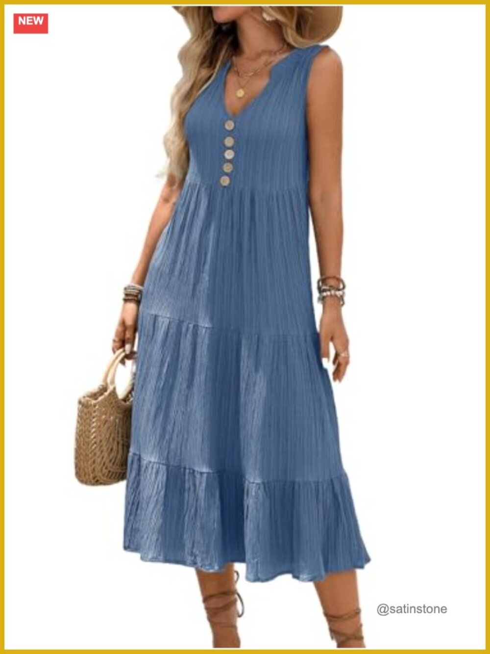 Sleeveless V Neck Button Midi Sundress Tiered Ruffle Flowy Casual Summer Dress